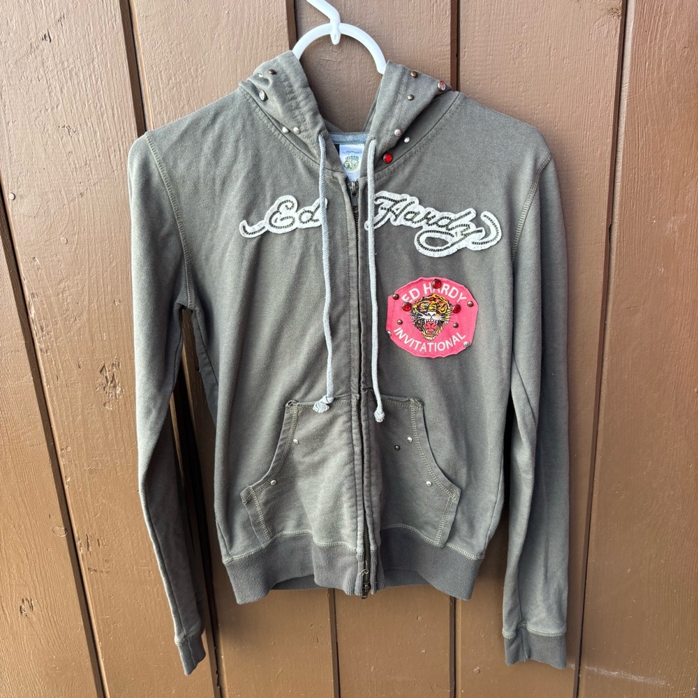 Y2K Ed Hardy Gray Zip Up Hoodie Tiger with Rhinestones Size Small